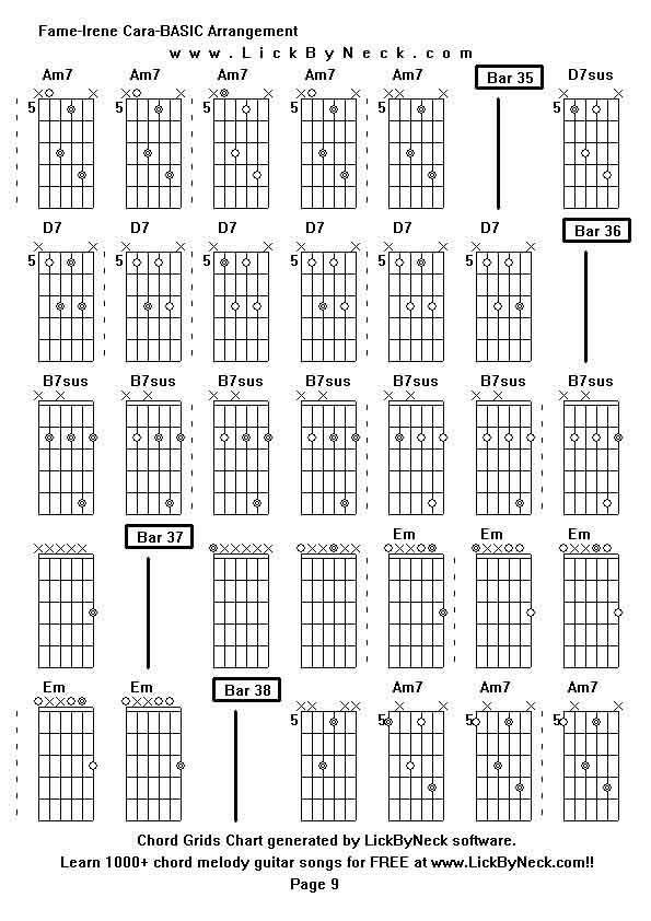 Chord Grids Chart of chord melody fingerstyle guitar song-Fame-Irene Cara-BASIC Arrangement,generated by LickByNeck software.